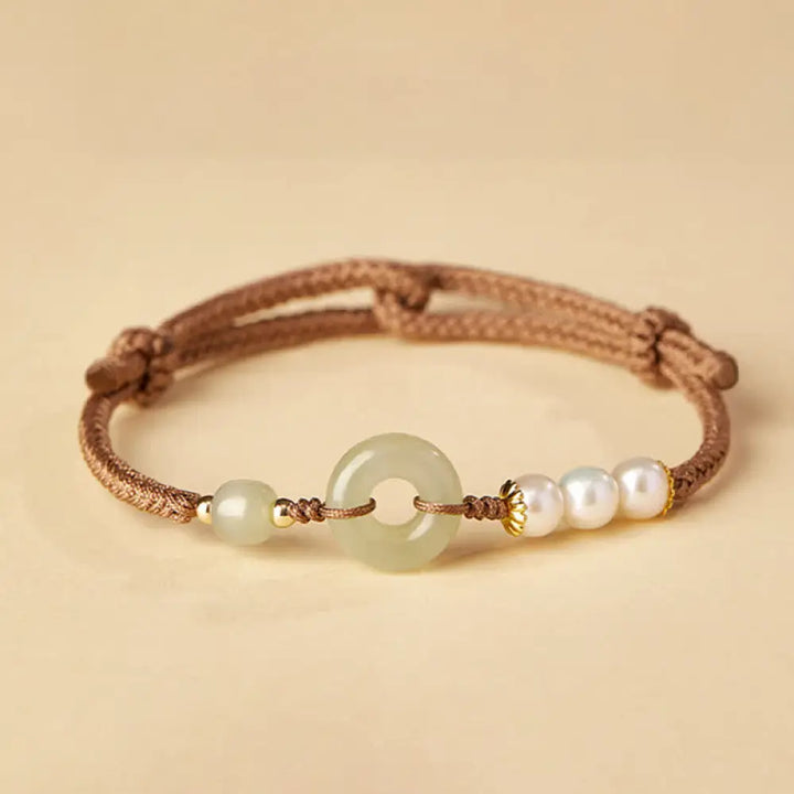 Buddha Stones Natural Hetian Jade Pearl Peace Buckle Luck Bracelet - BWOOOH - Brown - Bracelet