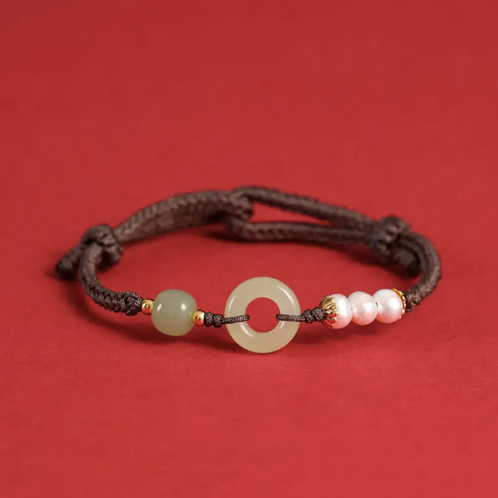 Buddha Stones Natural Hetian Jade Pearl Peace Buckle Luck Bracelet - BWOOOH - Dark Brown - Bracelet
