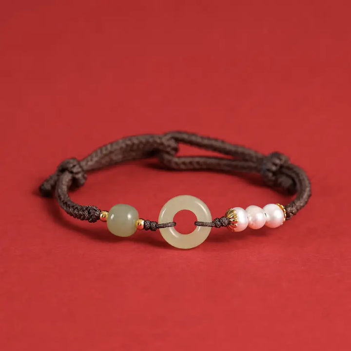 Buddha Stones Natural Hetian Jade Pearl Peace Buckle Luck Bracelet - BWOOOH - Dark Brown - Bracelet