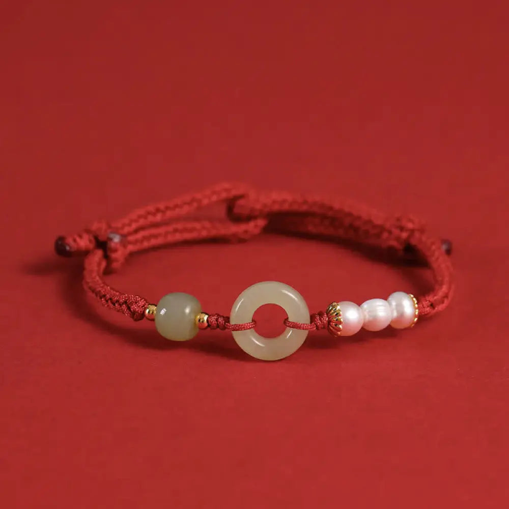 Buddha Stones Natural Hetian Jade Pearl Peace Buckle Luck Bracelet - BWOOOH - Dark Red - Bracelet