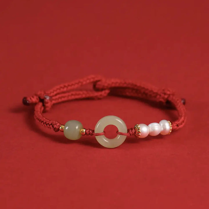 Buddha Stones Natural Hetian Jade Pearl Peace Buckle Luck Bracelet - BWOOOH - Dark Red - Bracelet