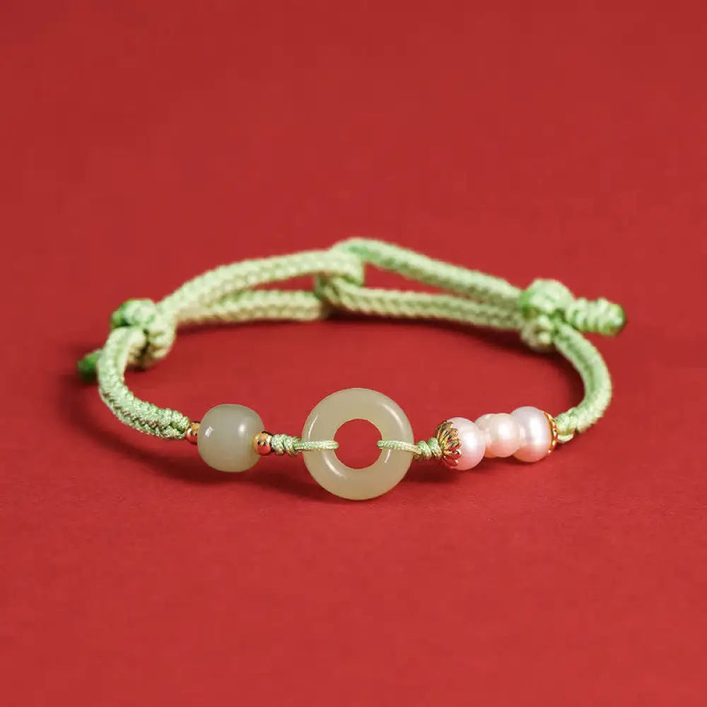Buddha Stones Natural Hetian Jade Pearl Peace Buckle Luck Bracelet - BWOOOH - Green - Bracelet