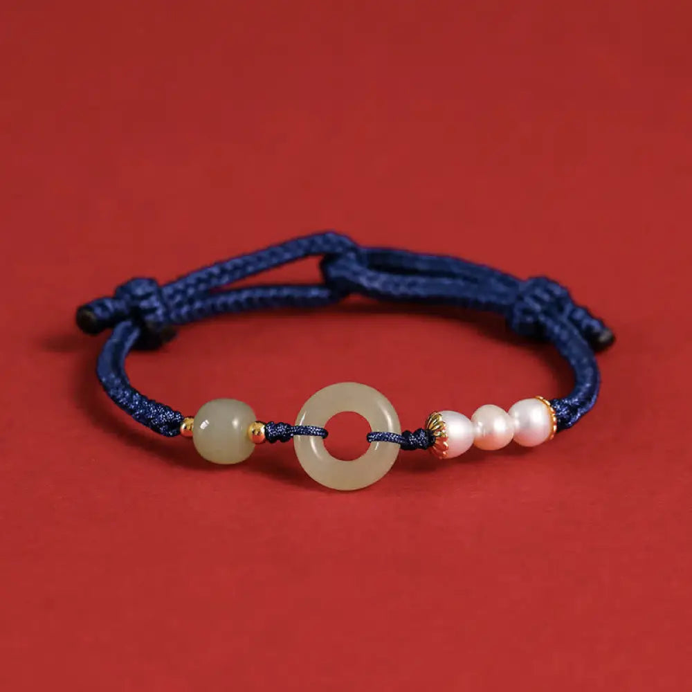 Buddha Stones Natural Hetian Jade Pearl Peace Buckle Luck Bracelet - BWOOOH - Navy Blue - Bracelet