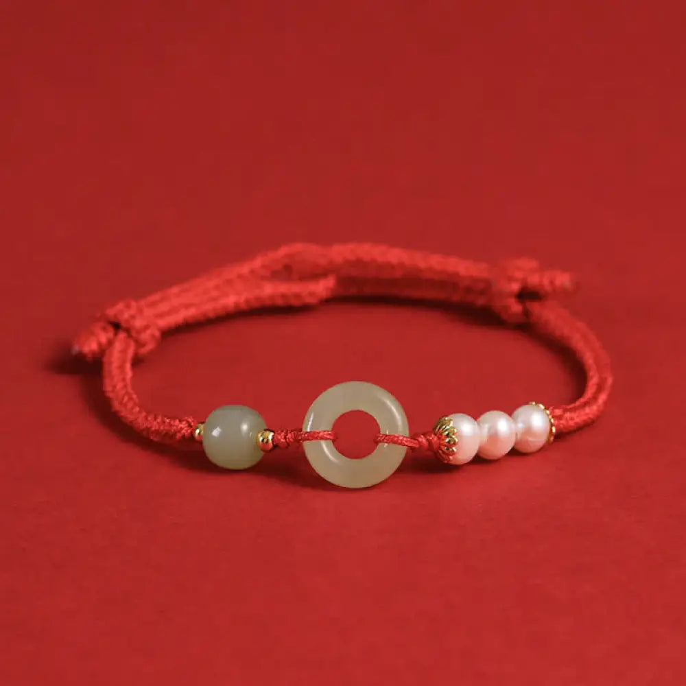 Buddha Stones Natural Hetian Jade Pearl Peace Buckle Luck Bracelet - BWOOOH - Red - Bracelet