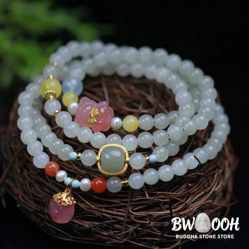 Buddha Stones Natural Hetian Jade Pink Crystal Peace Buckle Happiness Abundance Bracelet - BWOOOH - Jade (Protection ♥