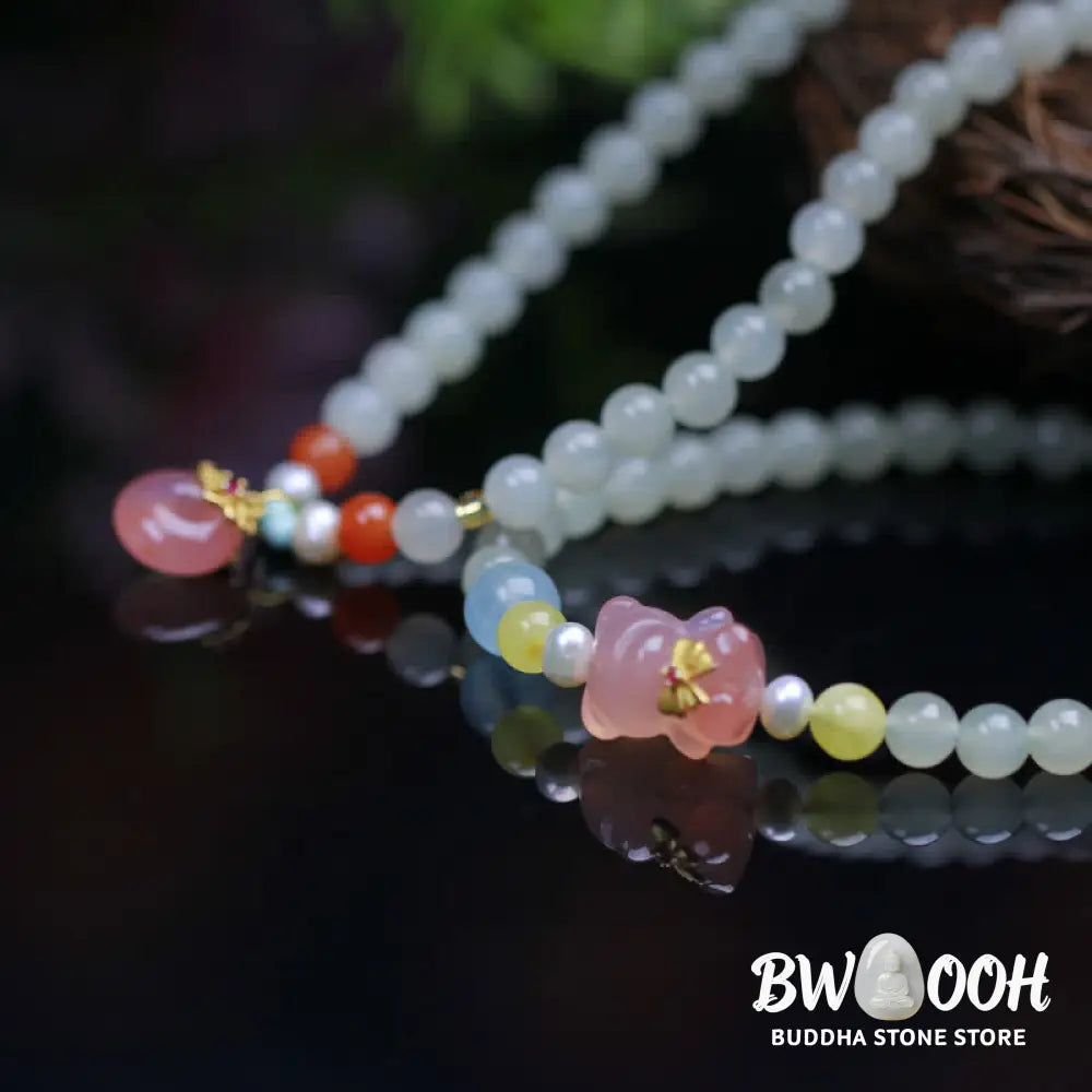 Buddha Stones Natural Hetian Jade Pink Crystal Peace Buckle Happiness Abundance Bracelet - BWOOOH - Jade (Protection ♥
