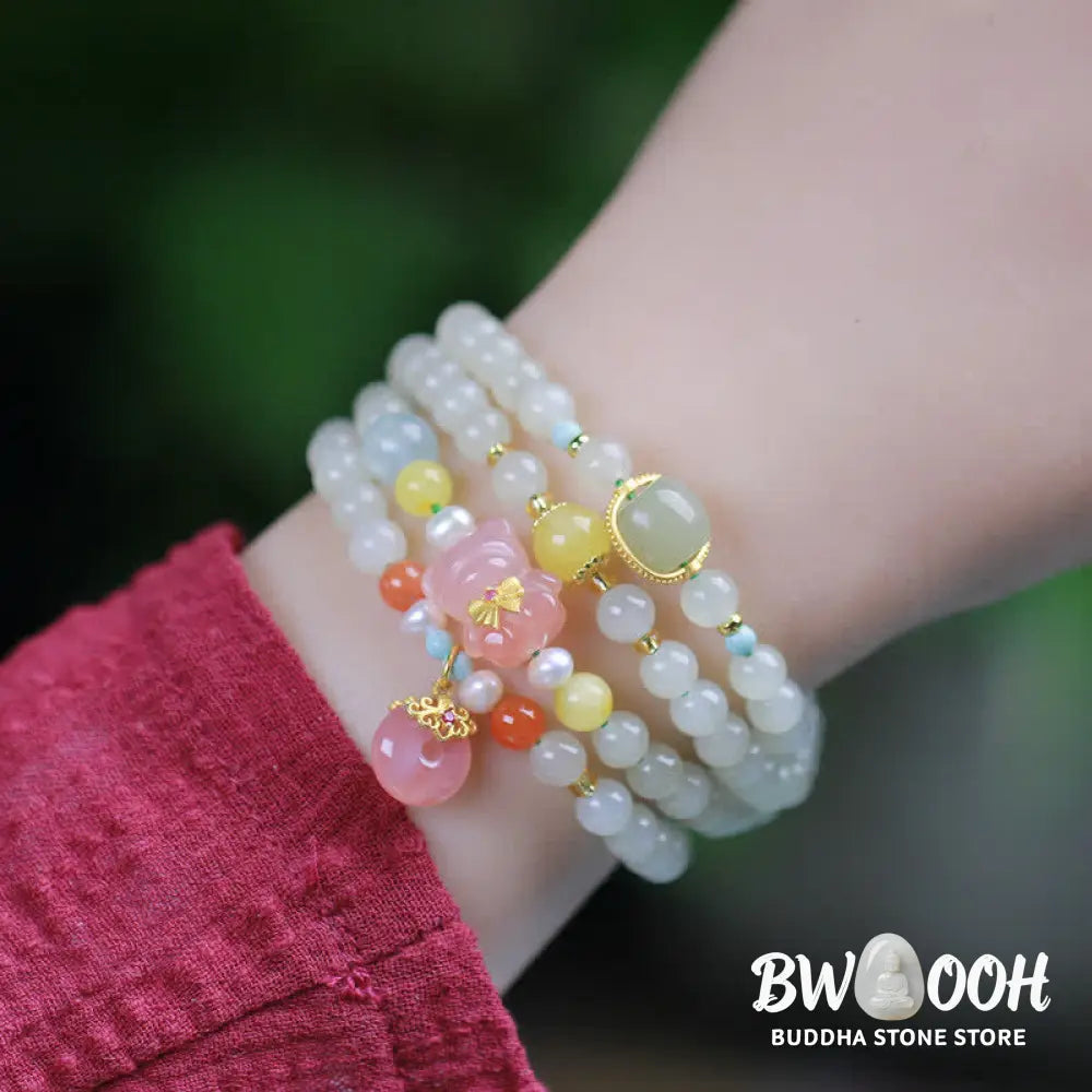 Buddha Stones Natural Hetian Jade Pink Crystal Peace Buckle Happiness Abundance Bracelet - BWOOOH - Jade (Protection ♥
