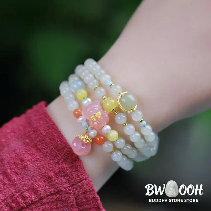 Buddha Stones Natural Hetian Jade Pink Crystal Peace Buckle Happiness Abundance Bracelet - BWOOOH - Jade (Protection ♥