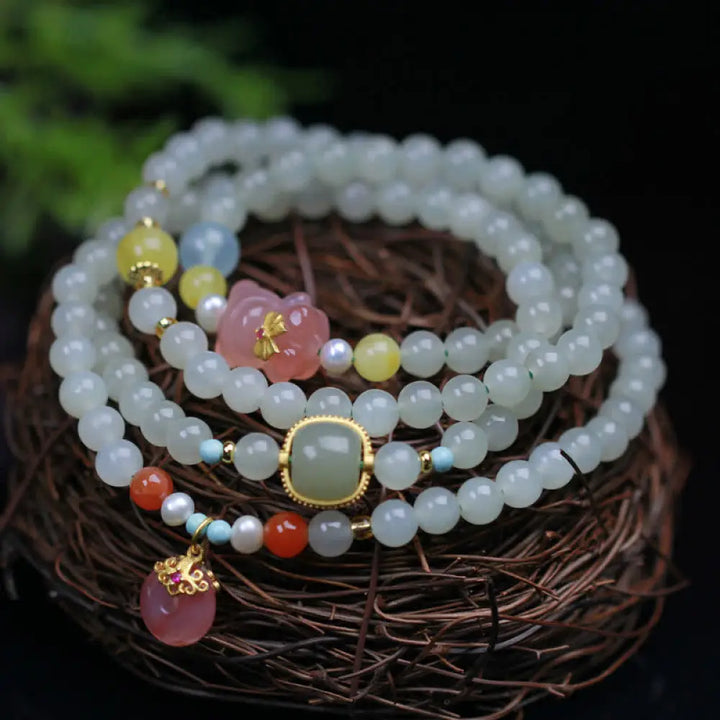 BWOOOH Natural Hetian Jade Pink Crystal Peace Buckle Happiness Abundance Bracelet - BWOOOH - Jade (Protection ♥