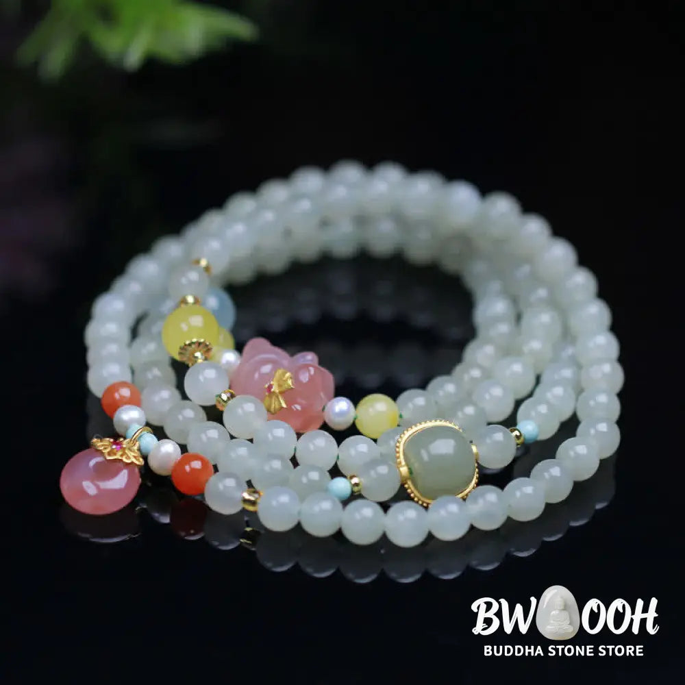 Buddha Stones Natural Hetian Jade Pink Crystal Peace Buckle Happiness Abundance Bracelet - BWOOOH - Jade (Protection ♥