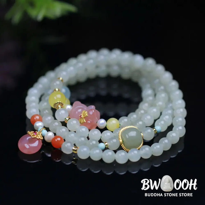 Buddha Stones Natural Hetian Jade Pink Crystal Peace Buckle Happiness Abundance Bracelet - BWOOOH - Jade (Protection ♥