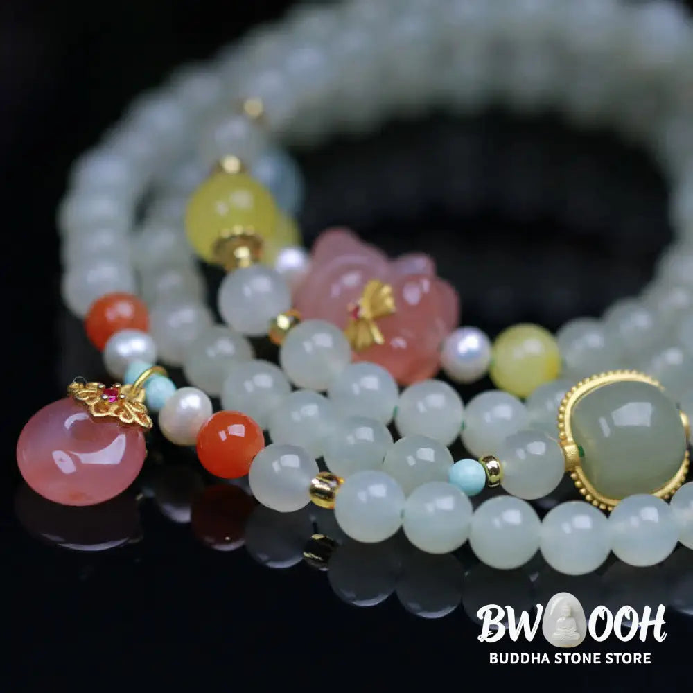 Buddha Stones Natural Hetian Jade Pink Crystal Peace Buckle Happiness Abundance Bracelet - BWOOOH - Jade (Protection ♥