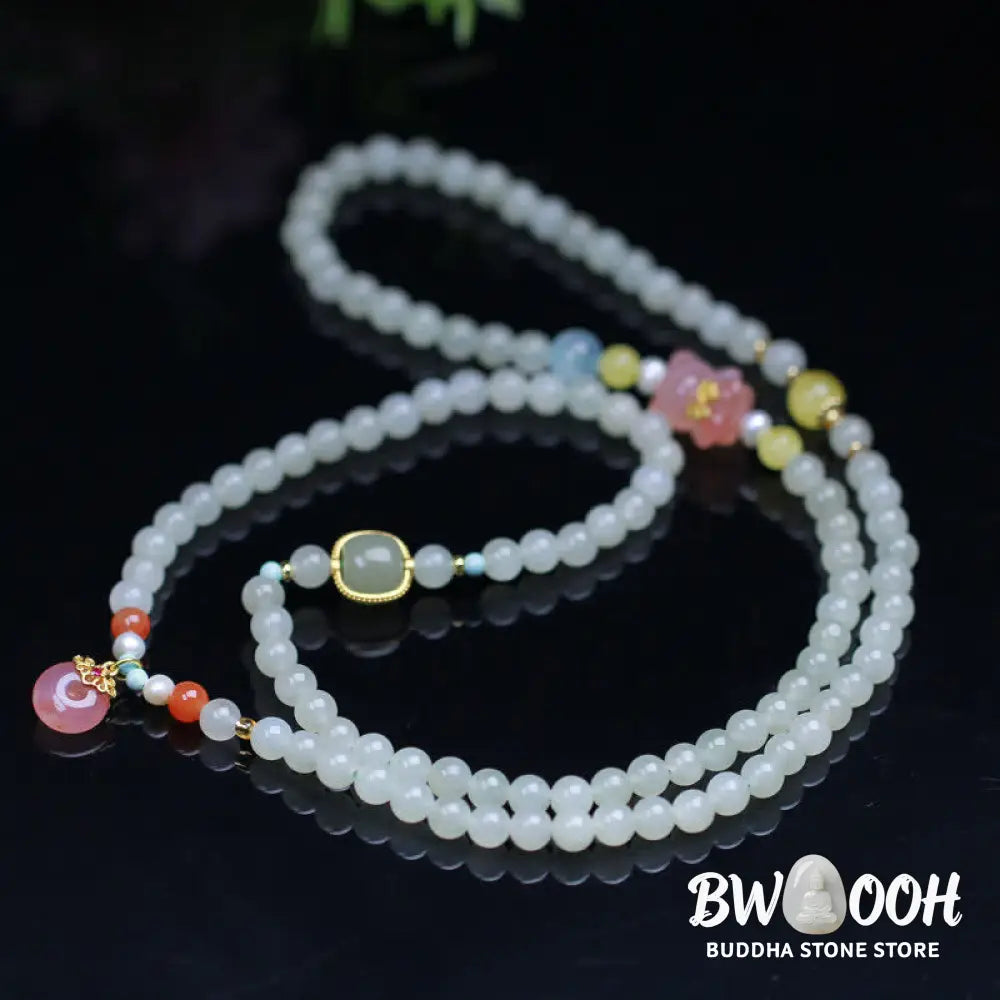 Buddha Stones Natural Hetian Jade Pink Crystal Peace Buckle Happiness Abundance Bracelet - BWOOOH - Jade (Protection ♥