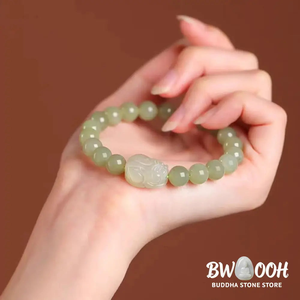 Buddha Stones Natural Hetian Jade PiXiu Carved Luck Bracelet - BWOOOH - Bracelet