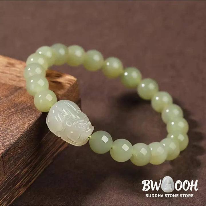 Buddha Stones Natural Hetian Jade PiXiu Carved Luck Bracelet - BWOOOH - Bracelet