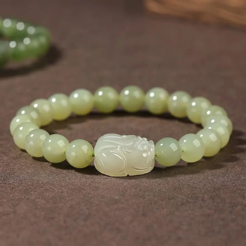 BWOOOH Natural Hetian Jade PiXiu Carved Luck Bracelet - BWOOOH - 6mm Hetian Jade(Wrist Circumference: 14-16cm)