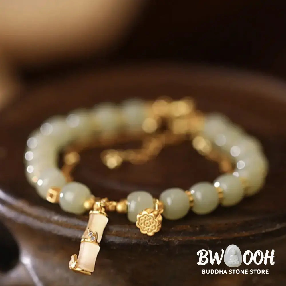 Buddha Stones Natural Hetian Jade Prosperity Lotus Bamboo Charm Bracelet - BWOOOH - Hetian Jade(Wrist Circumference