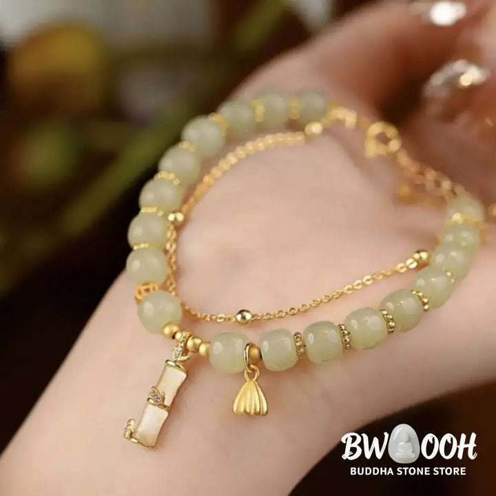 Buddha Stones Natural Hetian Jade Prosperity Lotus Bamboo Charm Bracelet - BWOOOH - Hetian Jade(Wrist Circumference