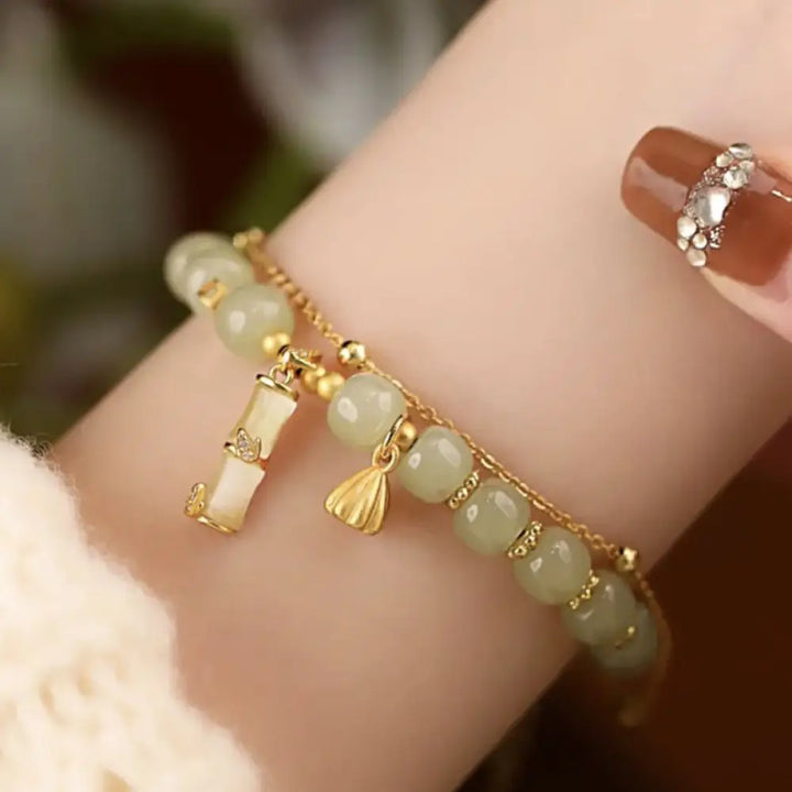 BWOOOH Natural Hetian Jade Prosperity Lotus Bamboo Charm Bracelet - BWOOOH - Hetian Jade(Wrist Circumference