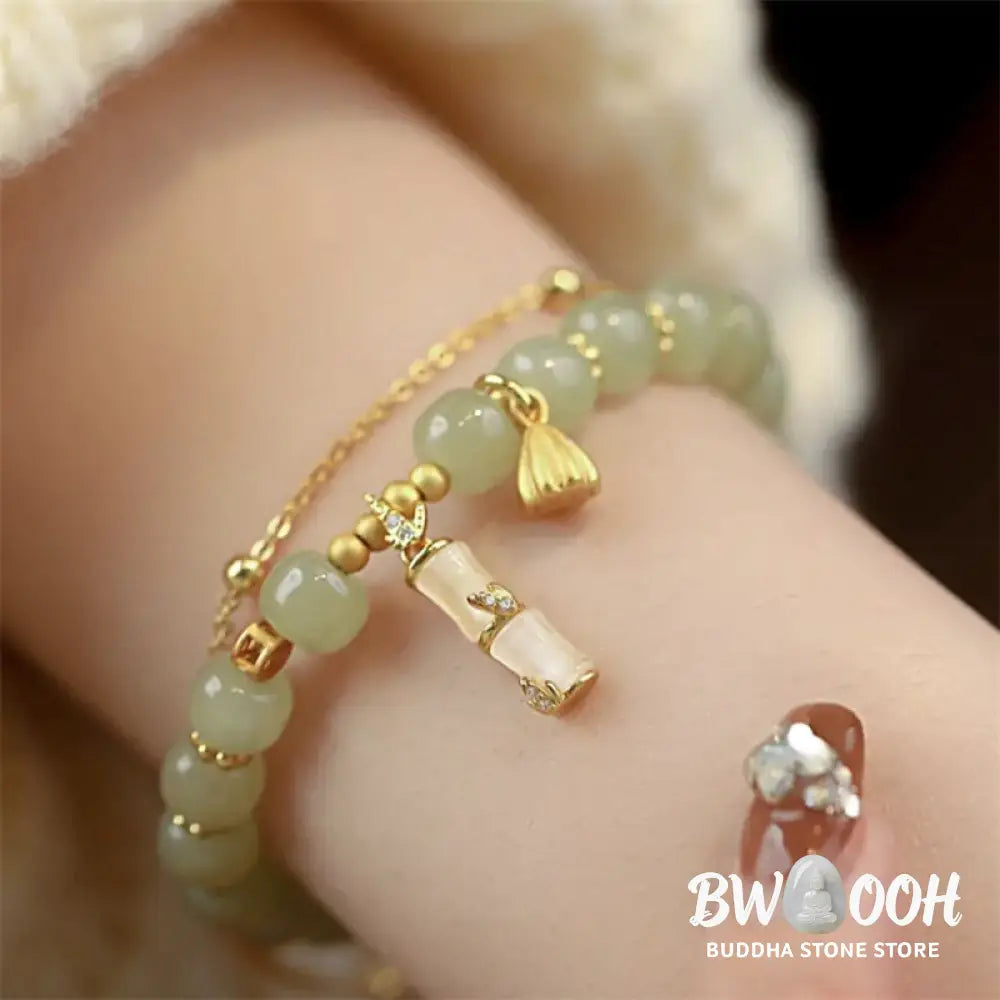 Buddha Stones Natural Hetian Jade Prosperity Lotus Bamboo Charm Bracelet - BWOOOH - Hetian Jade(Wrist Circumference
