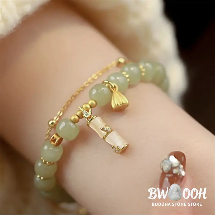 Buddha Stones Natural Hetian Jade Prosperity Lotus Bamboo Charm Bracelet - BWOOOH - Hetian Jade(Wrist Circumference