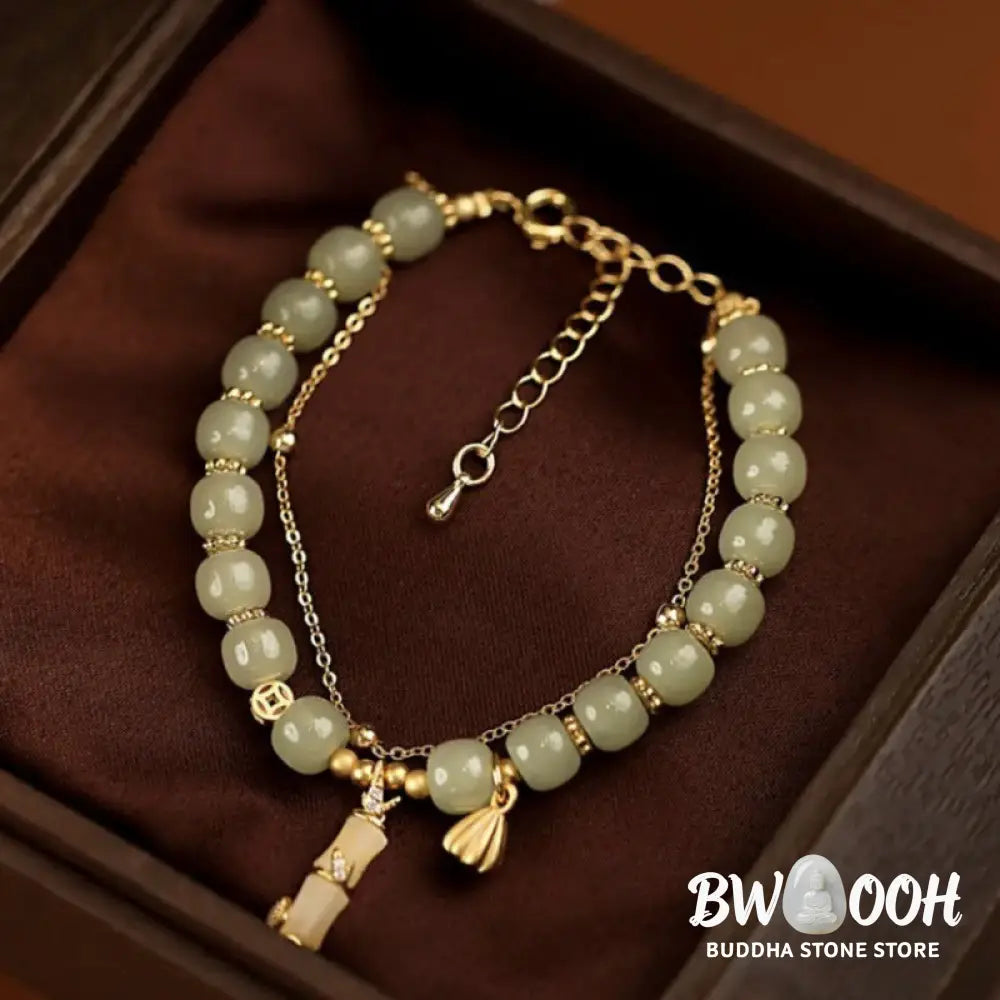 Buddha Stones Natural Hetian Jade Prosperity Lotus Bamboo Charm Bracelet - BWOOOH - Hetian Jade(Wrist Circumference