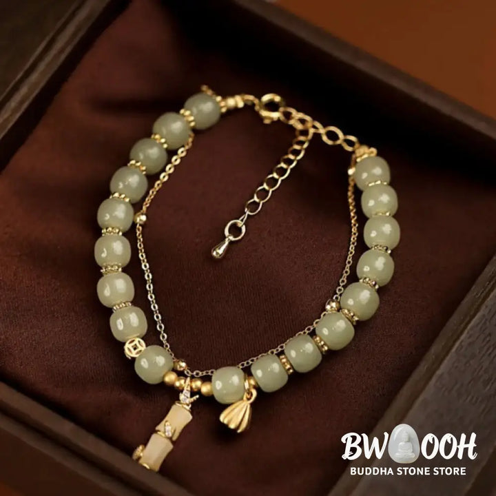 Buddha Stones Natural Hetian Jade Prosperity Lotus Bamboo Charm Bracelet - BWOOOH - Hetian Jade(Wrist Circumference