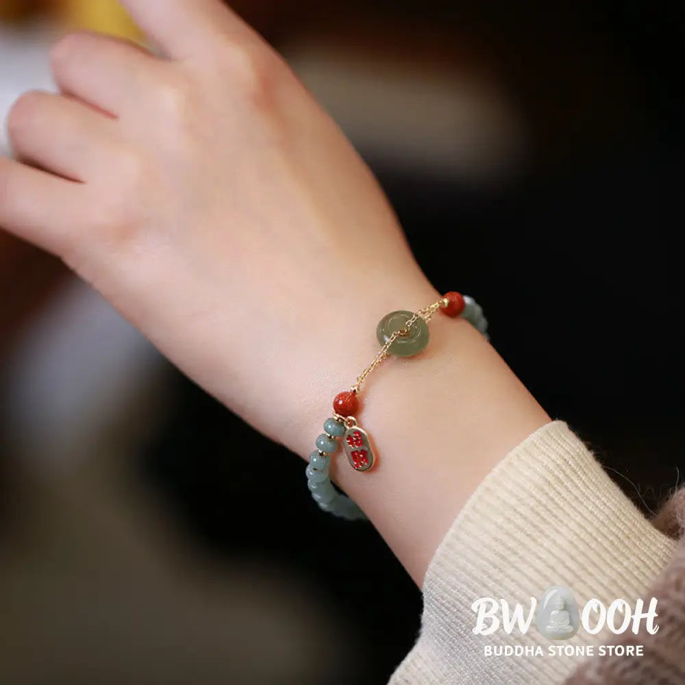 Buddha Stones Natural Hetian Jade Red Agate Peace Buckle Lucky Fortune Bracelet - BWOOOH - Hetian