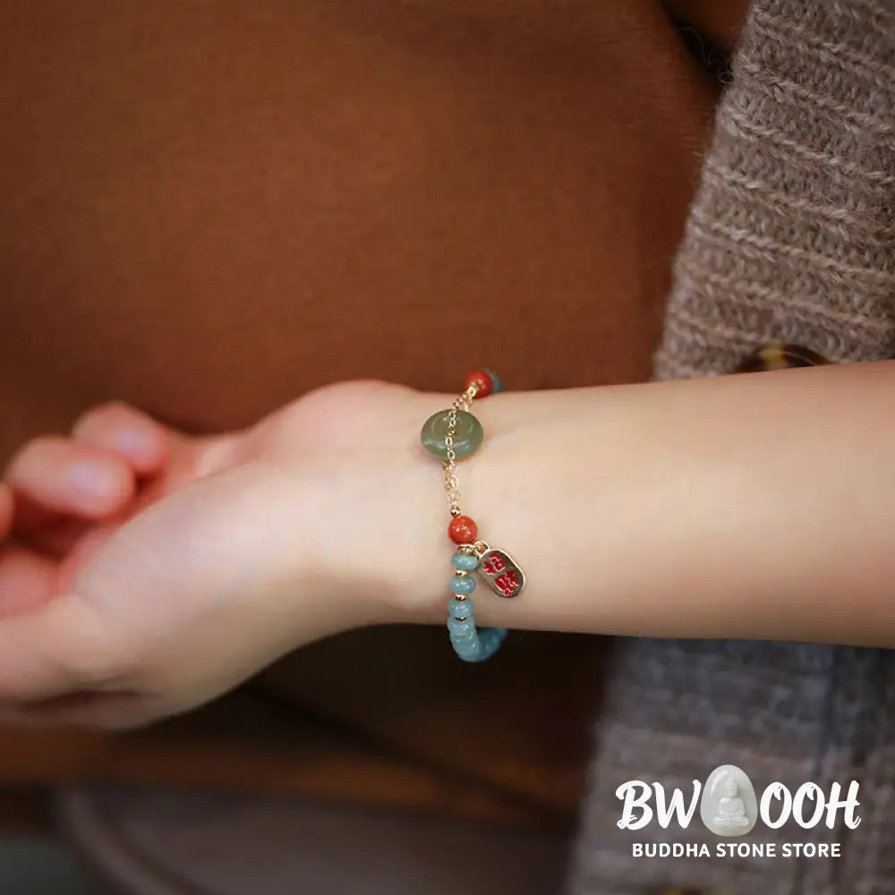 Buddha Stones Natural Hetian Jade Red Agate Peace Buckle Lucky Fortune Bracelet - BWOOOH - Hetian