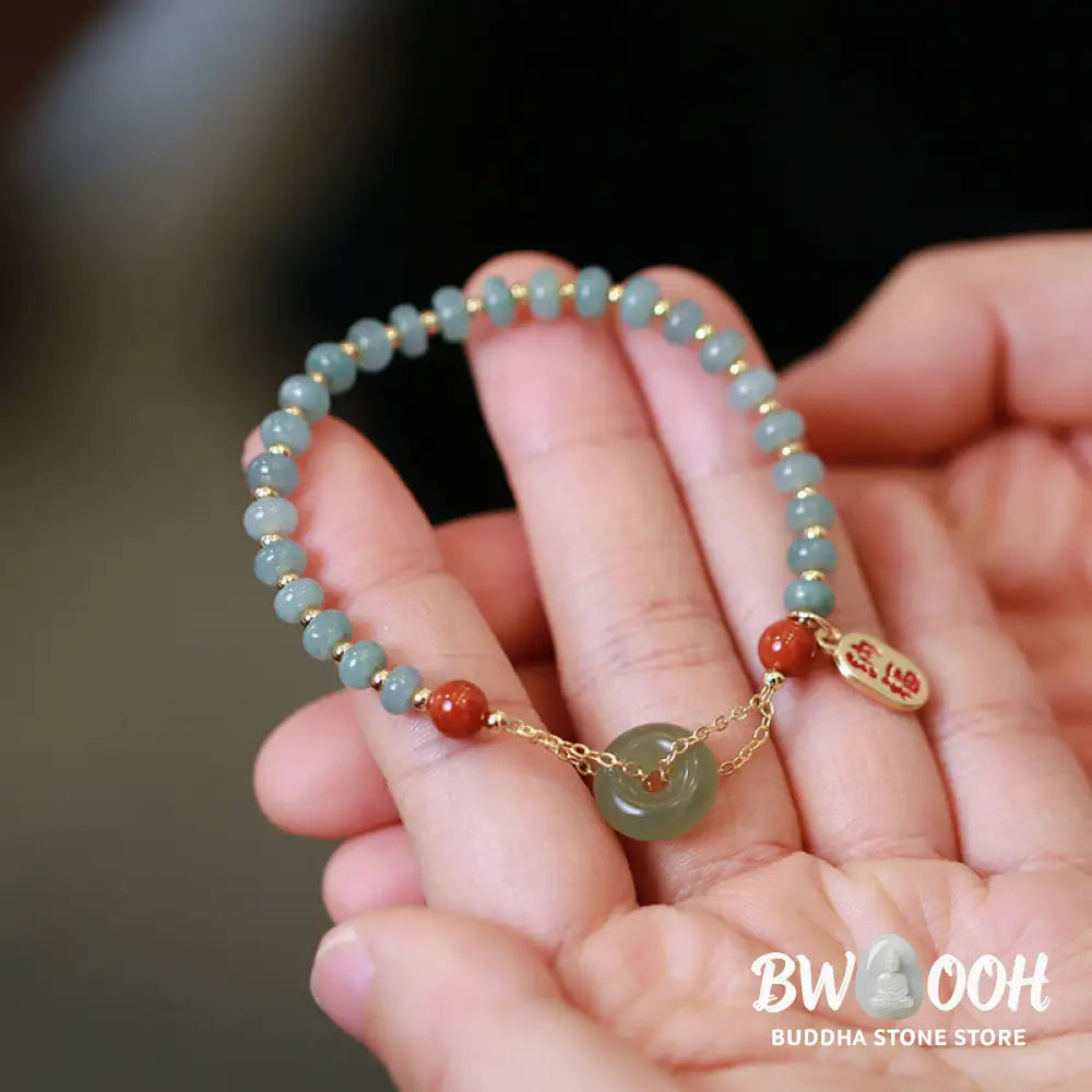 Buddha Stones Natural Hetian Jade Red Agate Peace Buckle Lucky Fortune Bracelet - BWOOOH - Hetian
