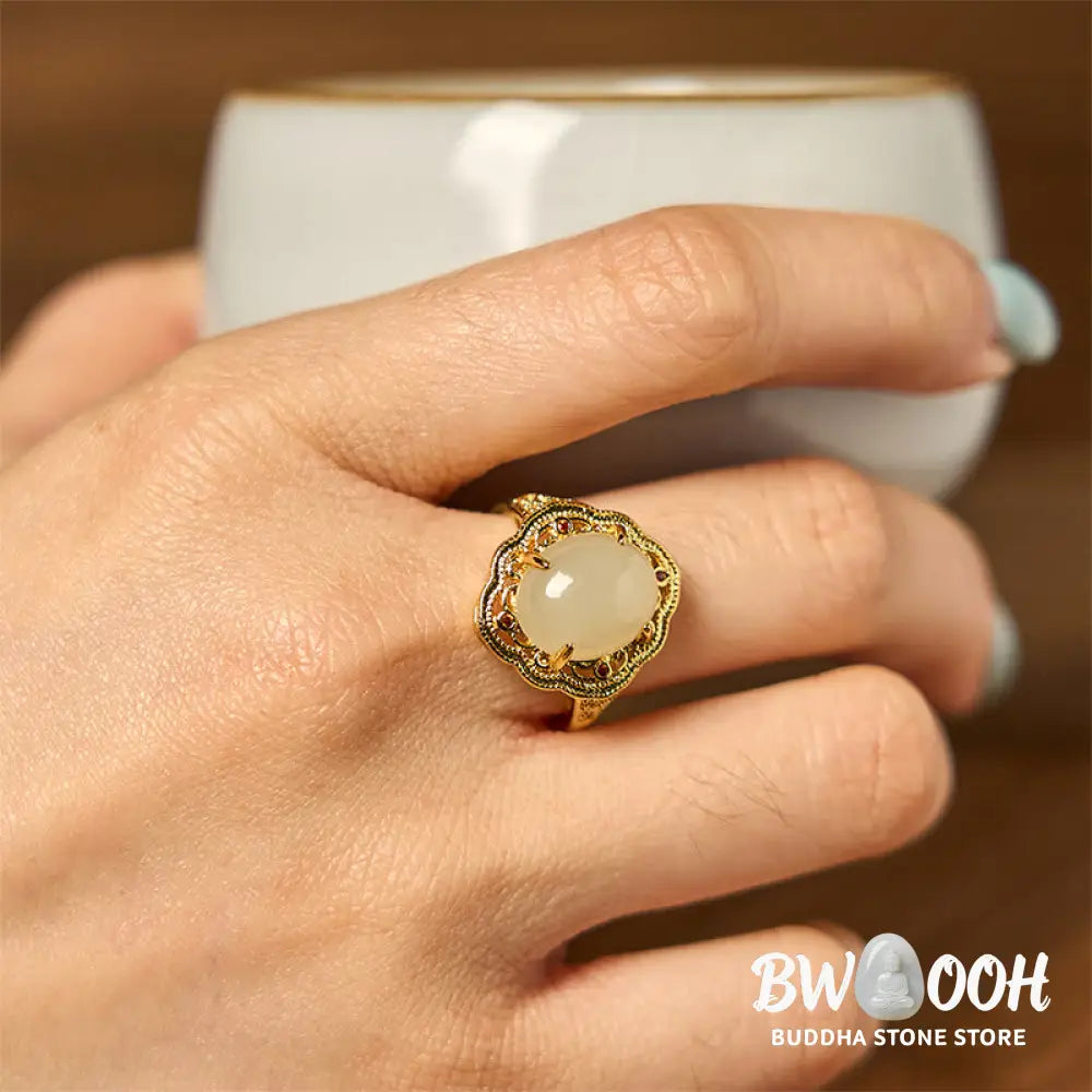 Buddha Stones Natural Hetian Jade Vintage Egg Copper Open Luck Ring - Hetian Jade - Ring