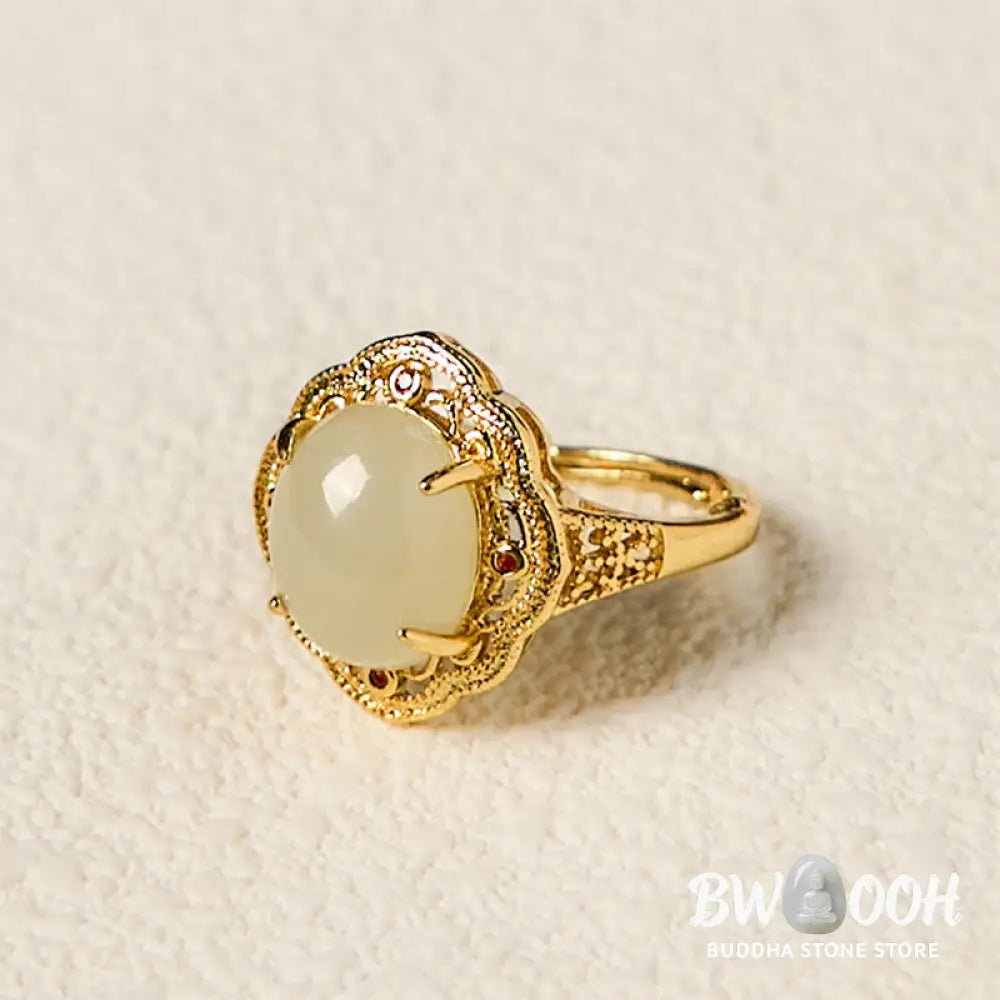 Buddha Stones Natural Hetian Jade Vintage Egg Copper Open Luck Ring - Hetian Jade - Ring