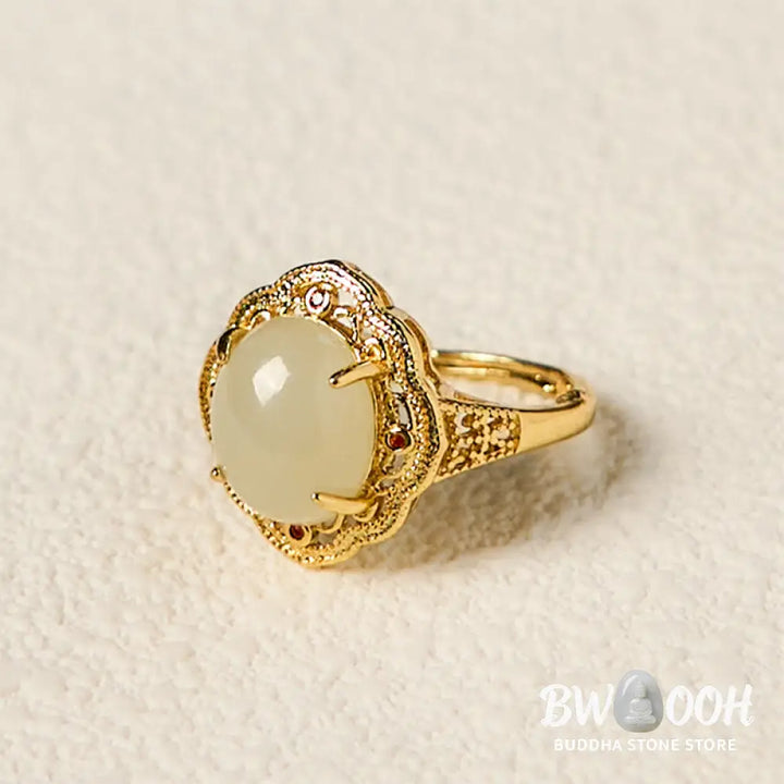 Buddha Stones Natural Hetian Jade Vintage Egg Copper Open Luck Ring - Hetian Jade - Ring