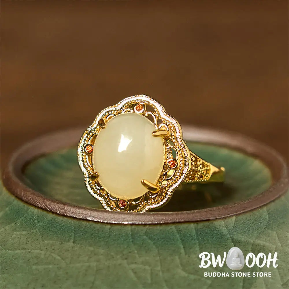 Buddha Stones Natural Hetian Jade Vintage Egg Copper Open Luck Ring - Hetian Jade - Ring