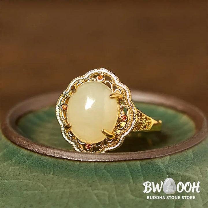 Buddha Stones Natural Hetian Jade Vintage Egg Copper Open Luck Ring - Hetian Jade - Ring