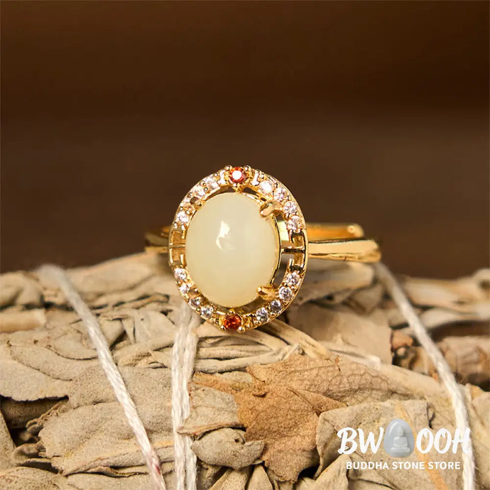 Buddha Stones Natural Hetian Jade Zirconia Egg Copper Open Luck Ring - Hetian Jade - Ring