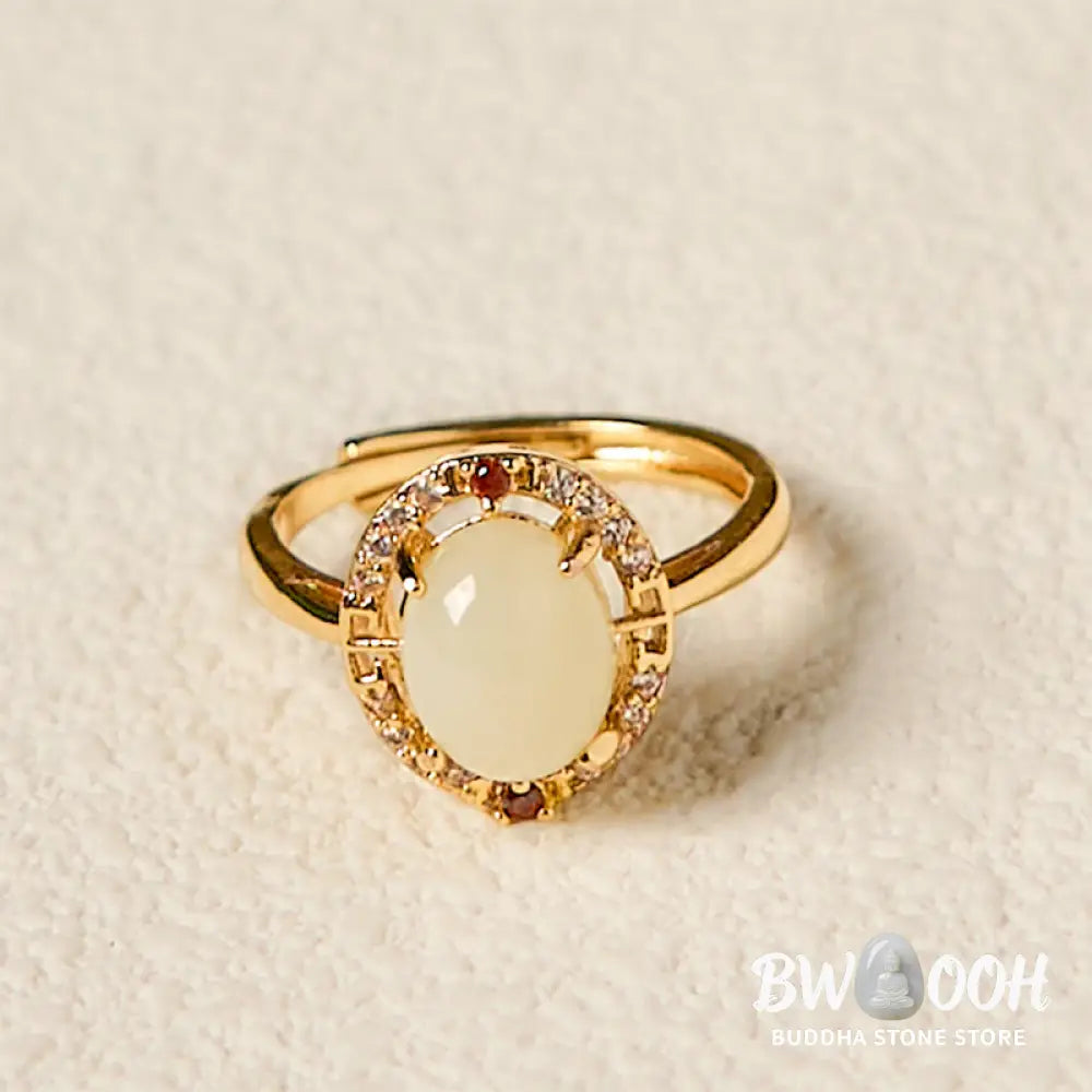 Buddha Stones Natural Hetian Jade Zirconia Egg Copper Open Luck Ring - Hetian Jade - Ring