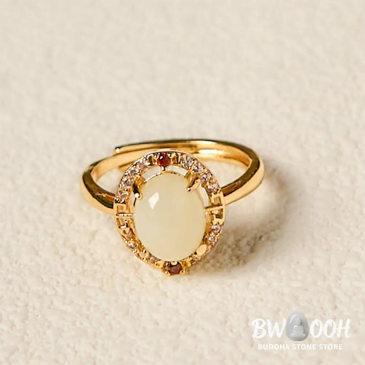 Buddha Stones Natural Hetian Jade Zirconia Egg Copper Open Luck Ring - Hetian Jade - Ring