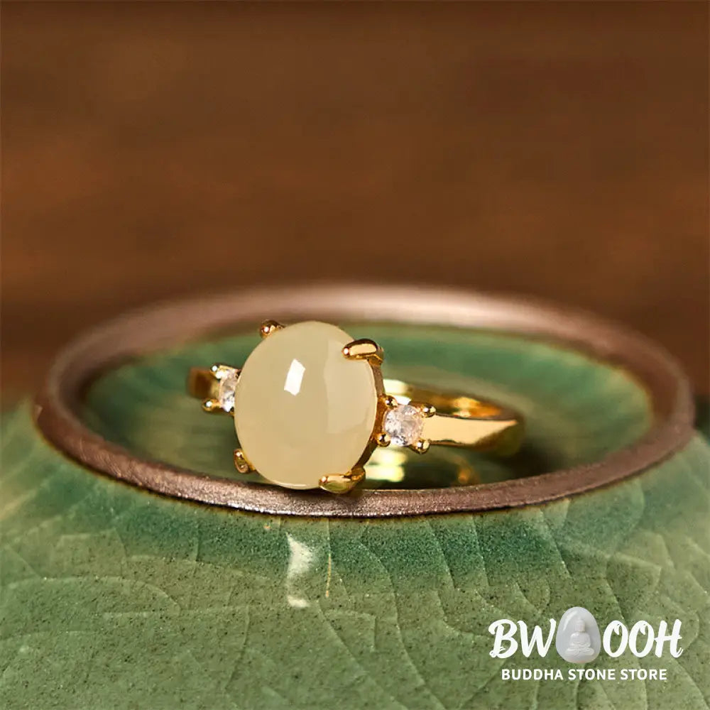 Buddha Stones Natural Hetian Jade Zirconia Egg Copper Prosperity Ring - Hetian Jade - Ring