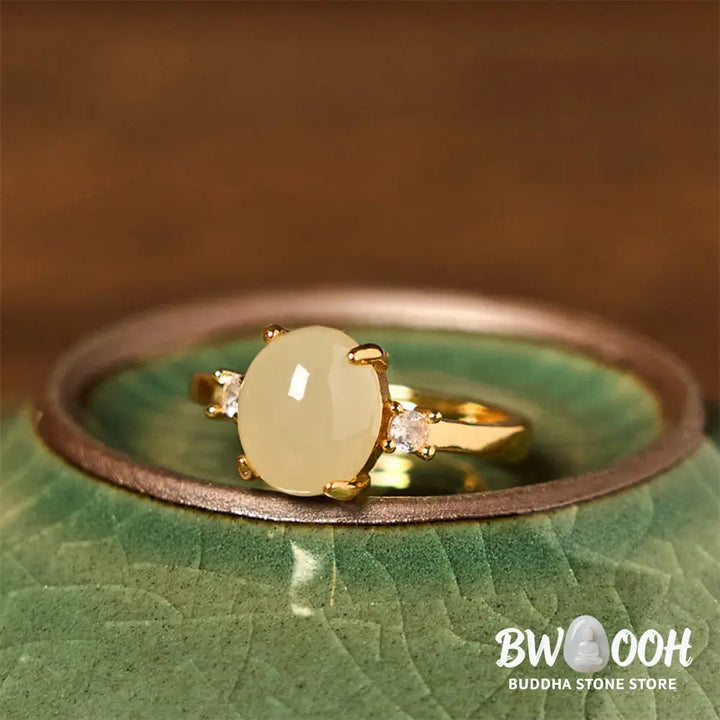 Buddha Stones Natural Hetian Jade Zirconia Egg Copper Prosperity Ring - Hetian Jade - Ring