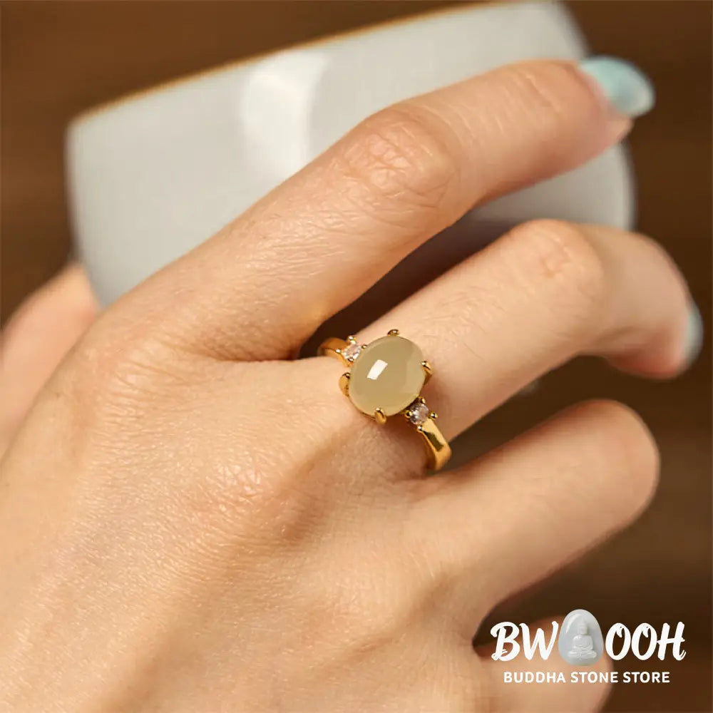 Buddha Stones Natural Hetian Jade Zirconia Egg Copper Prosperity Ring - Hetian Jade - Ring