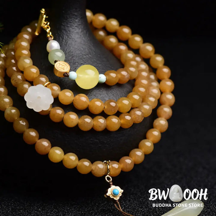 Buddha Stones Natural Hetian Topaz Amber Lotus White Jade Pearl Success Bracelet - BWOOOH - Topaz (Protection ♥
