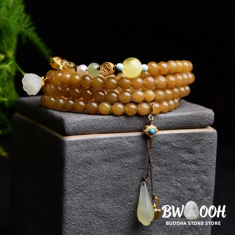 Buddha Stones Natural Hetian Topaz Amber Lotus White Jade Pearl Success Bracelet - BWOOOH - Topaz (Protection ♥