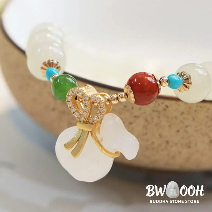 Buddha Stones Natural Hetian White Jade 14K Gold Plated Money Bag Blessing Bracelet - BWOOOH - Hetian White