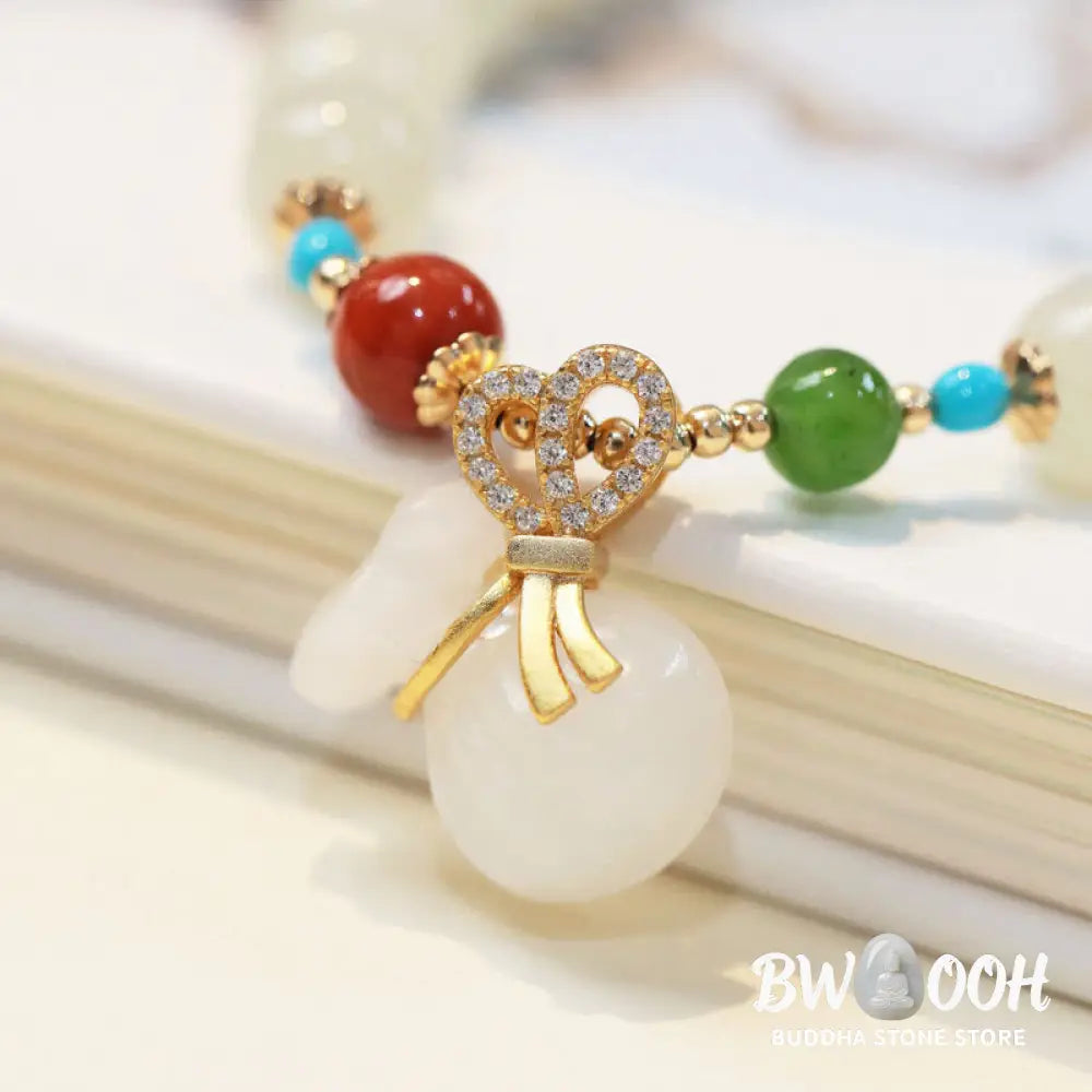Buddha Stones Natural Hetian White Jade 14K Gold Plated Money Bag Blessing Bracelet - BWOOOH - Hetian White