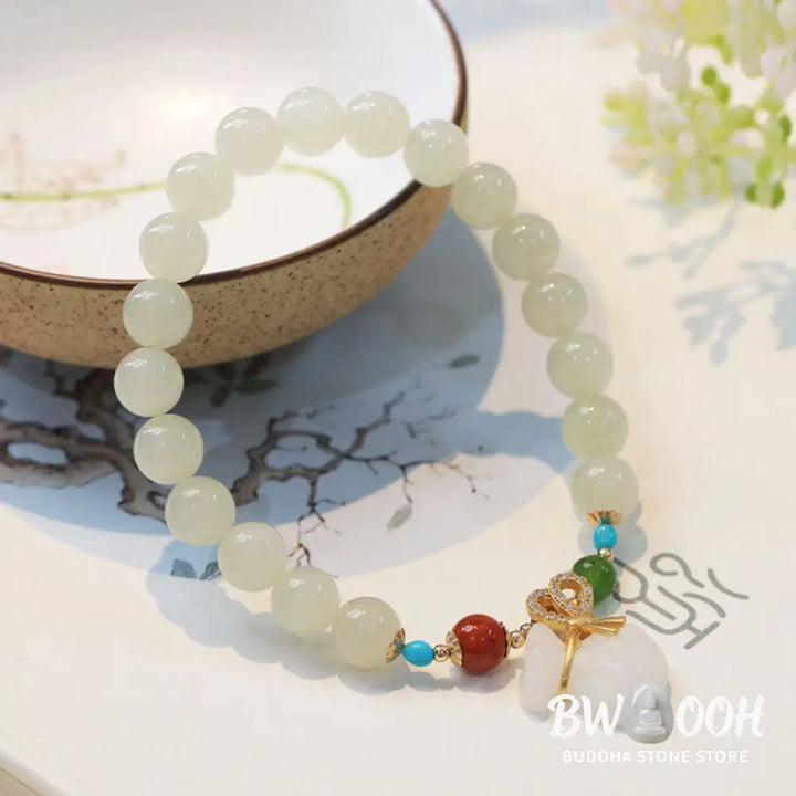 Buddha Stones Natural Hetian White Jade 14K Gold Plated Money Bag Blessing Bracelet - BWOOOH - Hetian White