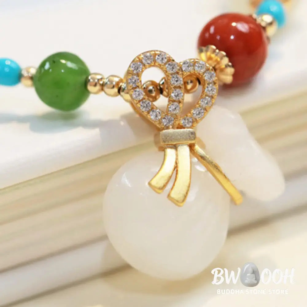 Buddha Stones Natural Hetian White Jade 14K Gold Plated Money Bag Blessing Bracelet - BWOOOH - Hetian White