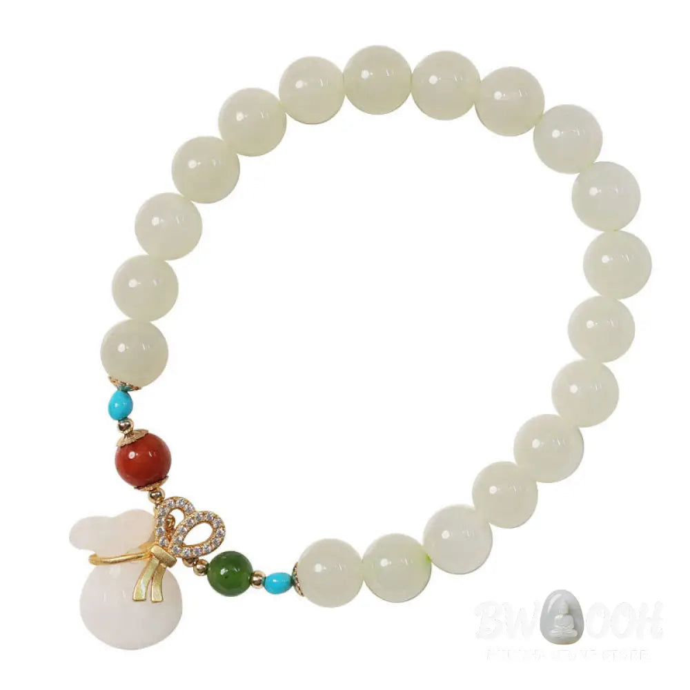 Buddha Stones Natural Hetian White Jade 14K Gold Plated Money Bag Blessing Bracelet - BWOOOH - Hetian White