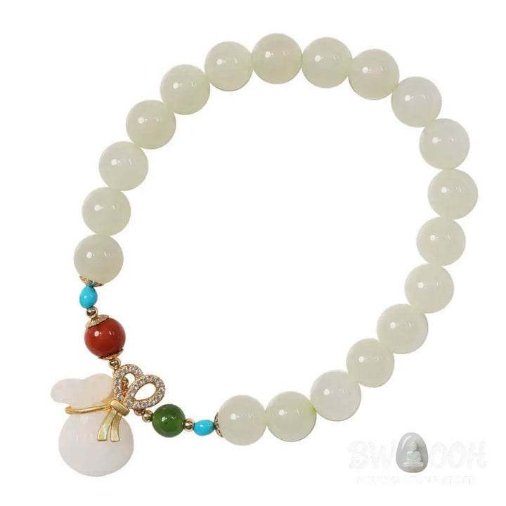 Buddha Stones Natural Hetian White Jade 14K Gold Plated Money Bag Blessing Bracelet - BWOOOH - Hetian White