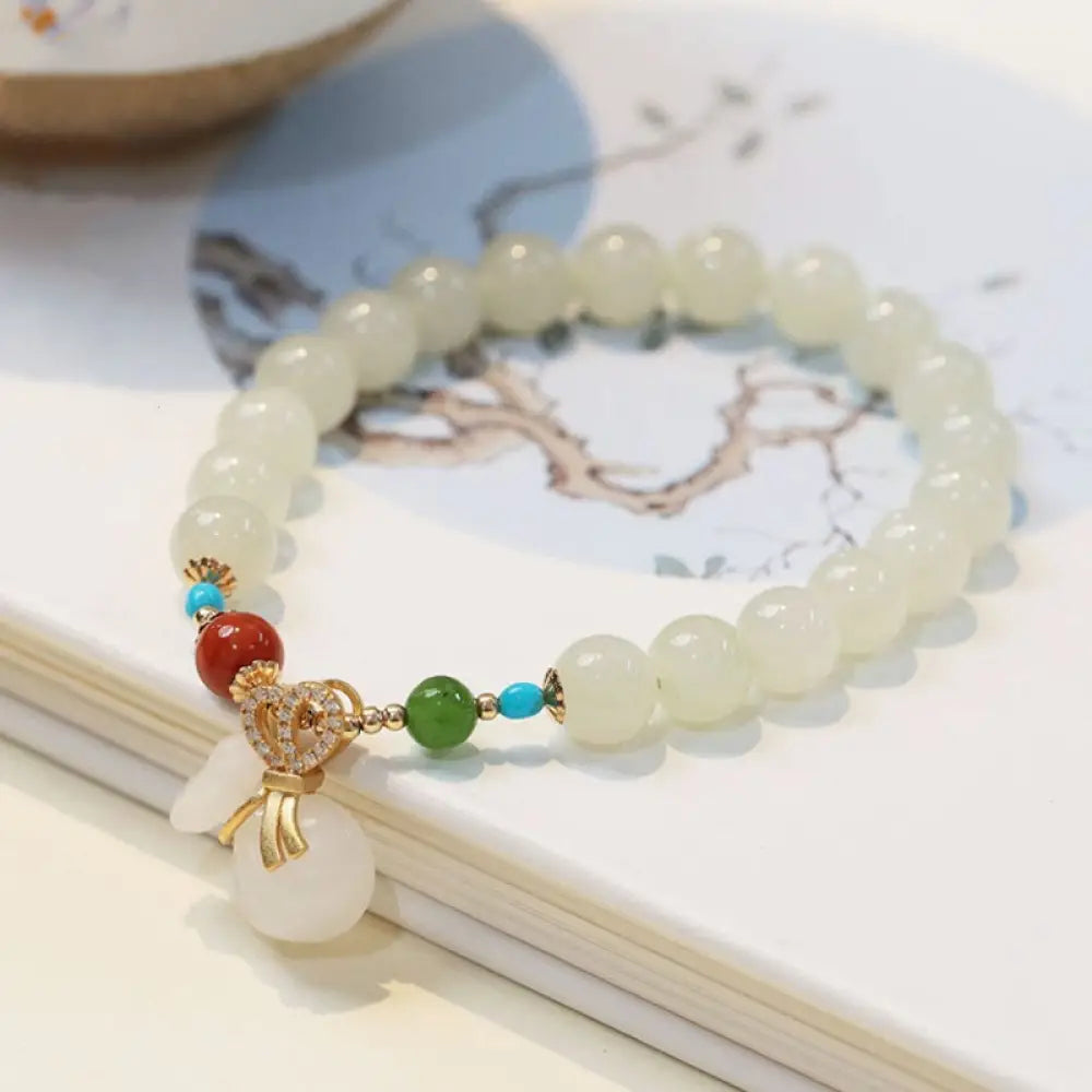 BWOOOH Natural Hetian White Jade 14K Gold Plated Money Bag Blessing Bracelet - BWOOOH - Hetian White